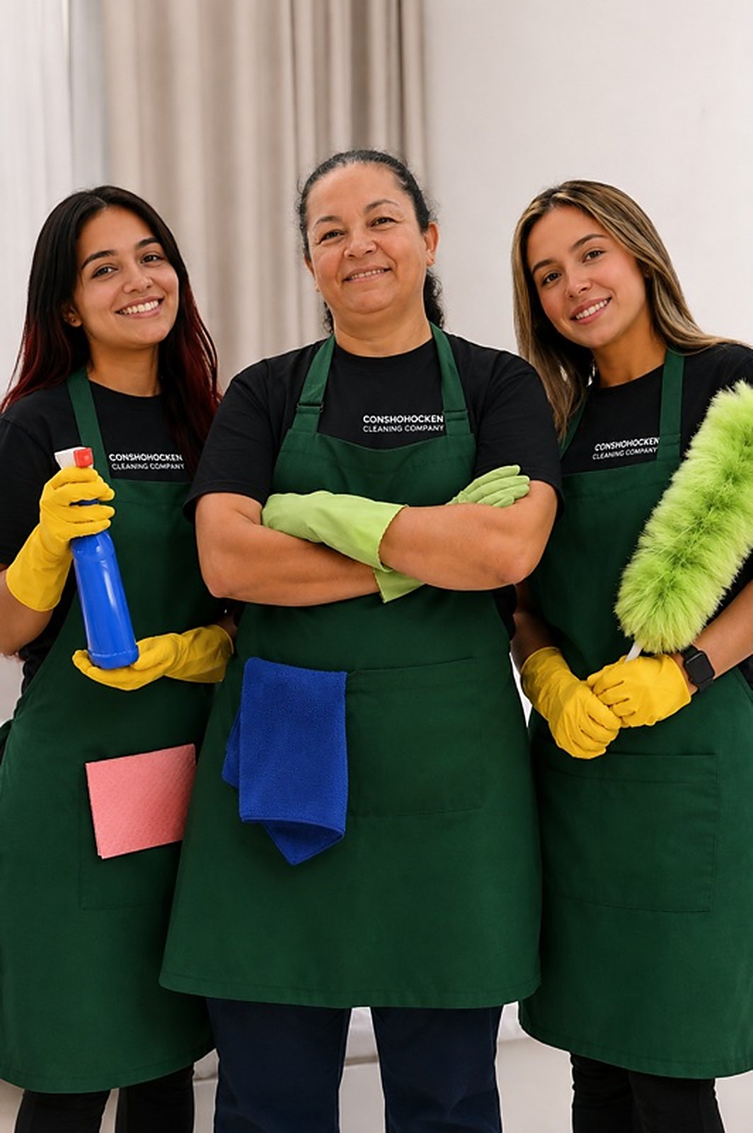 The Conshohocken Cleaning Company team — Stephanie, Milena, and Valentina in company aprons in Conshohocken, PA